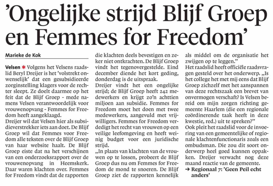 krantenartikel kop - ongelijke strijd Blijf Groep en Femmes for Freedom